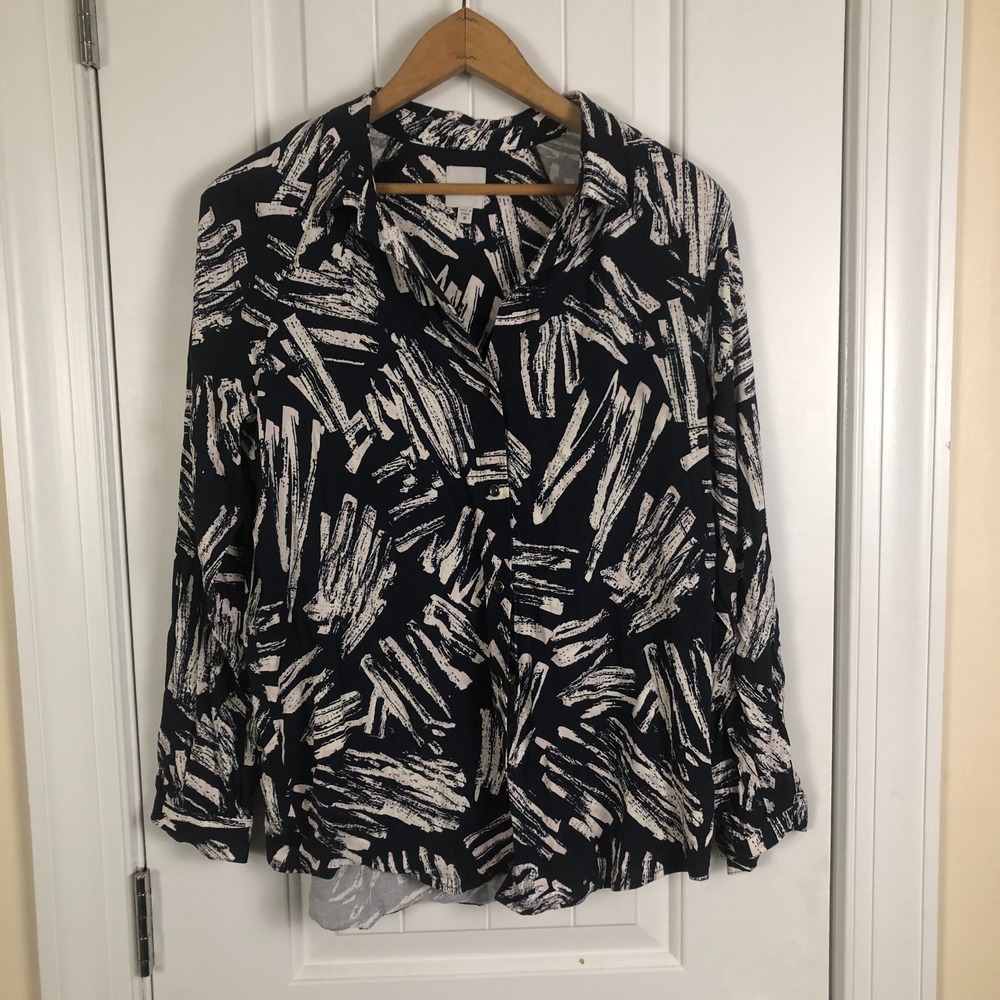 Nic+Zoe‎ Womens Long Sleeve Shirt Small Blue Abstract Print Academia Nautical